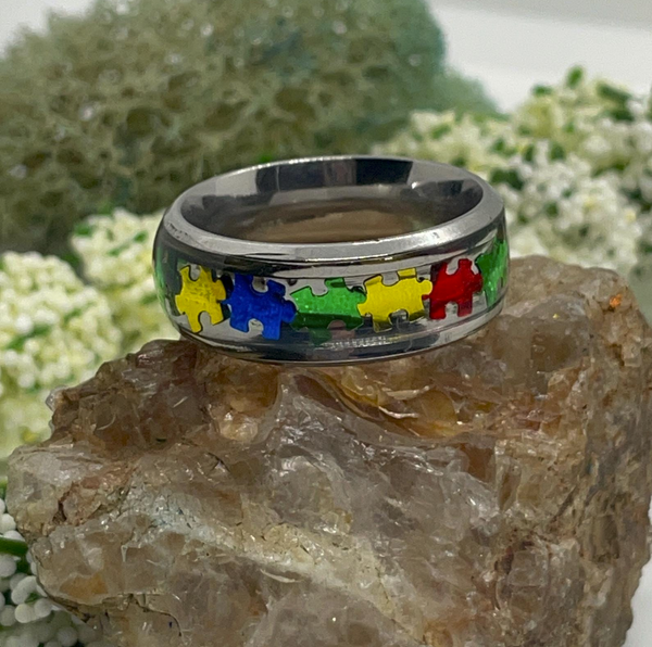 Autism Awareness Puzzle Pieces Stainless Steel Epoxy Ring Jewelry ...